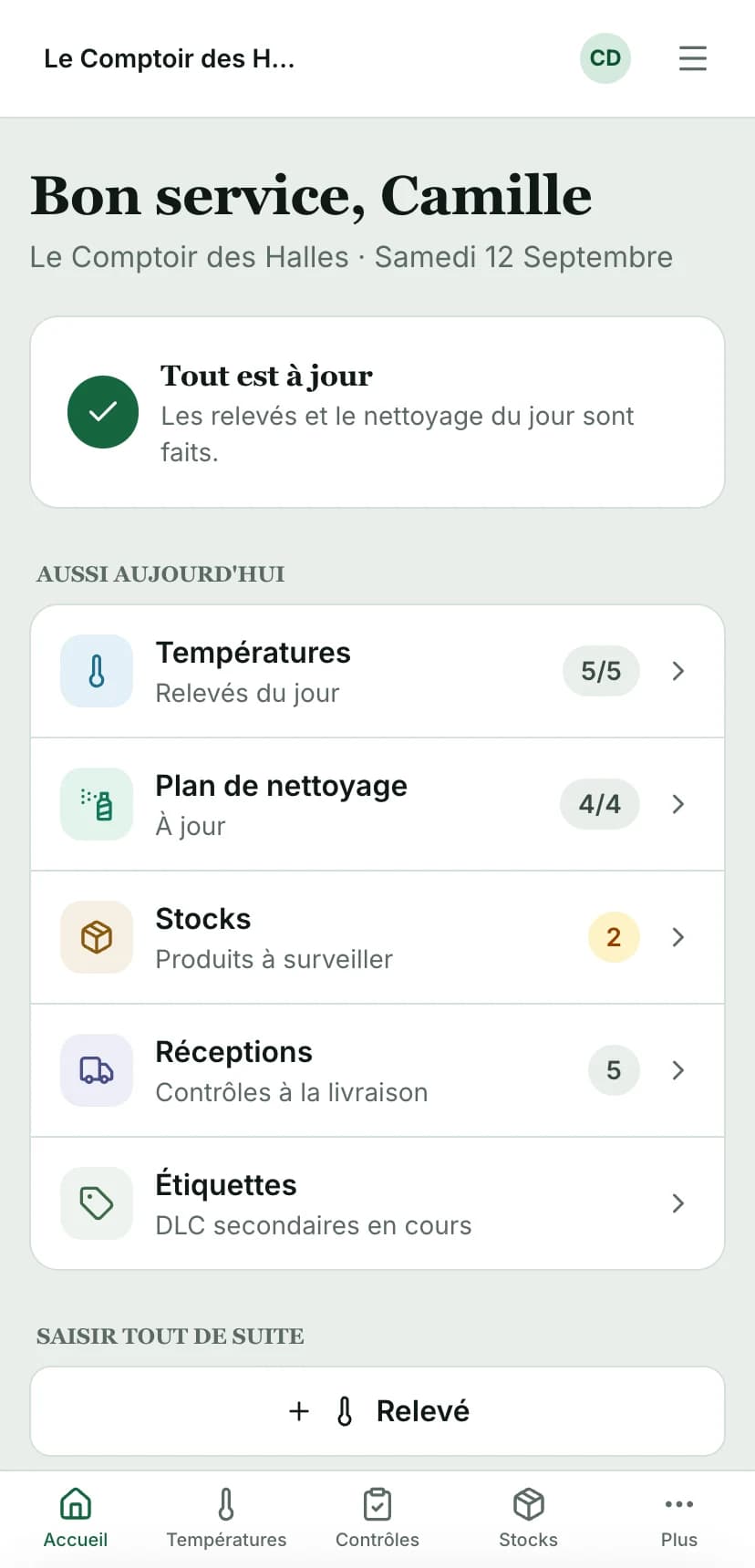 Tableau de bord de l'application : températures du jour 5/5, nettoyage 4/4, deux stocks critiques signalés.
